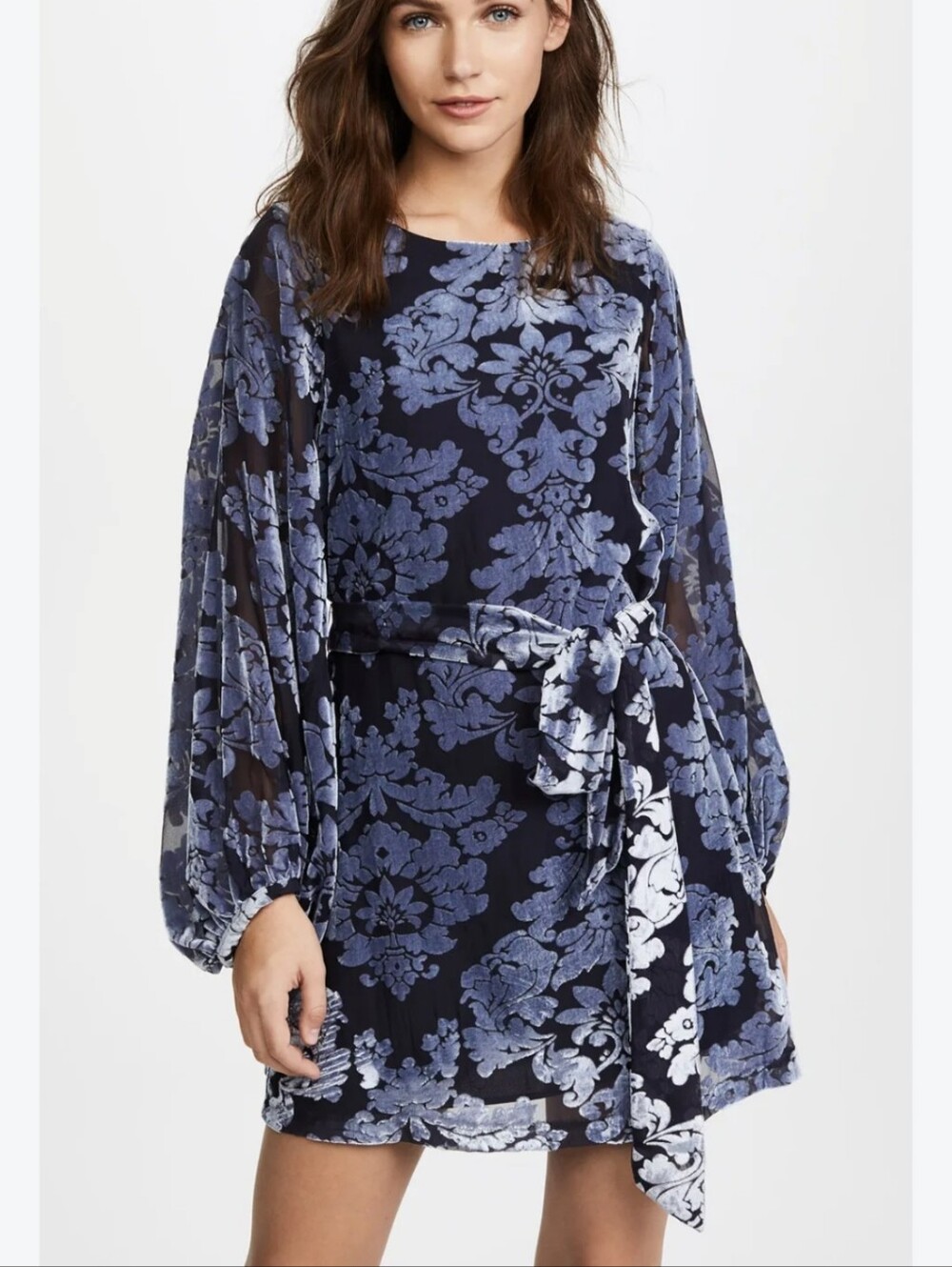 Stunning Blue & Black Velvet Damask Long-Sleeve Mini Dress w/ Belt